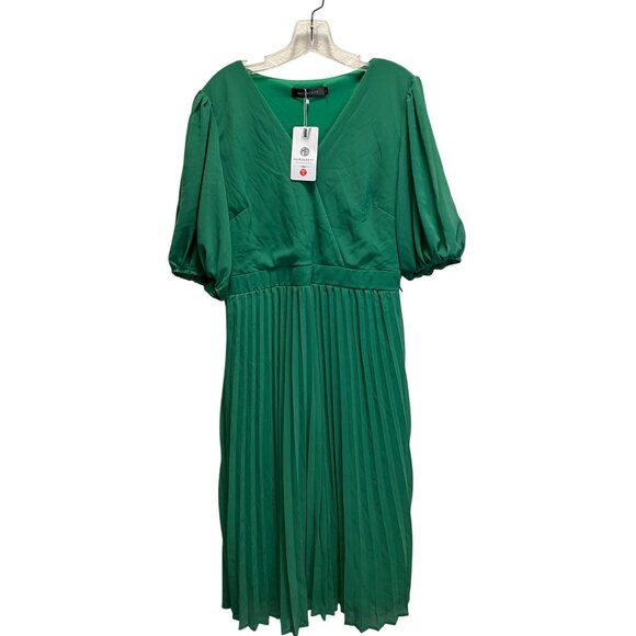 Merokeety Womens Green Pleated Midi Dress With Puff Sleeves XL Polyester Blend - Picture 1 of 9